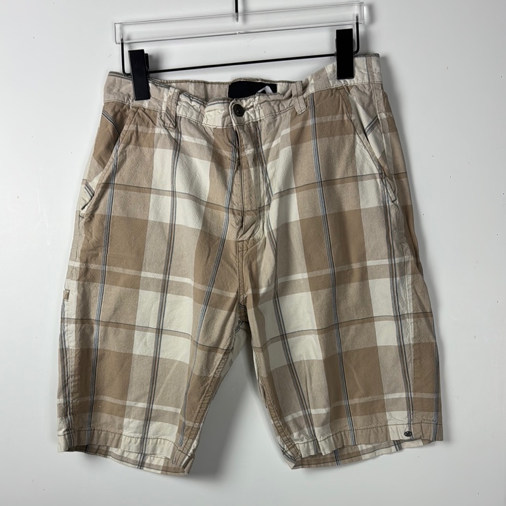 REEF SZ 32 Men's Tan Plaid Shorts w/5 pockets PRELOVED 100% Cotton